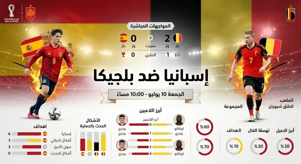 بطاقة بصرية توضح موعد مباراة إسبانيا وبلجيكا في كأس العالم وتوقيت انطلاقها