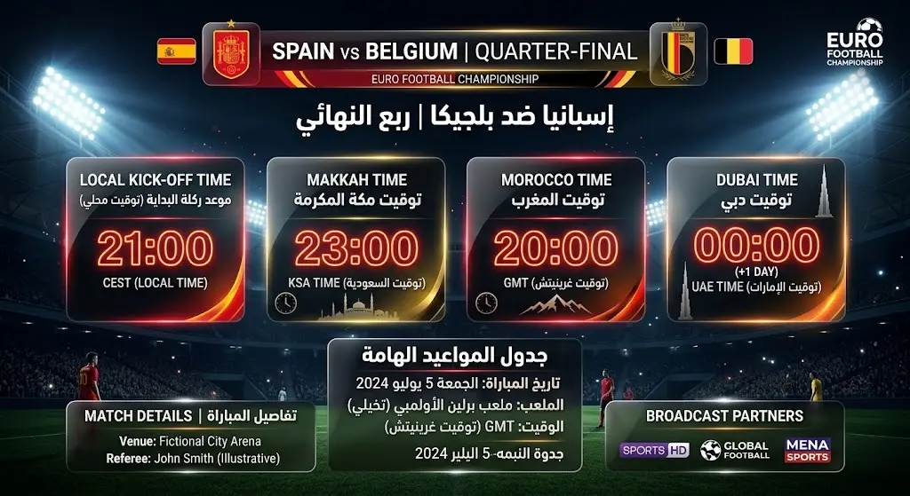 إنفوجرافيك يوضح مواعيد انطلاق مباراة إسبانيا وبلجيكا في ربع نهائي كأس العالم 2026 بمختلف التوقيتات العربية.