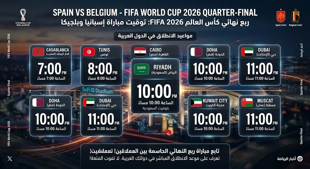 إنفوجرافيك يوضح مواعيد انطلاق مباراة إسبانيا وبلجيكا في ربع نهائي كأس العالم 2026 لمختلف الدول العربية.