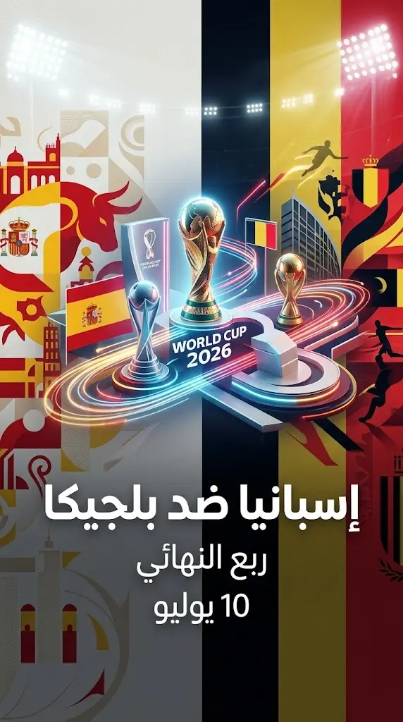تصميم بصري لموعد مباراة إسبانيا وبلجيكا في ربع نهائي كأس العالم 2026 والمقررة يوم 10 يوليو.