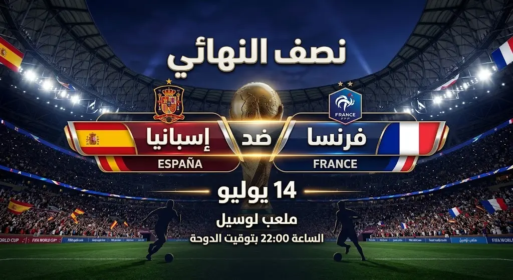 بطاقة معلومات توضح موعد المواجهة المرتقبة بين إسبانيا وفرنسا في نصف نهائي المونديال