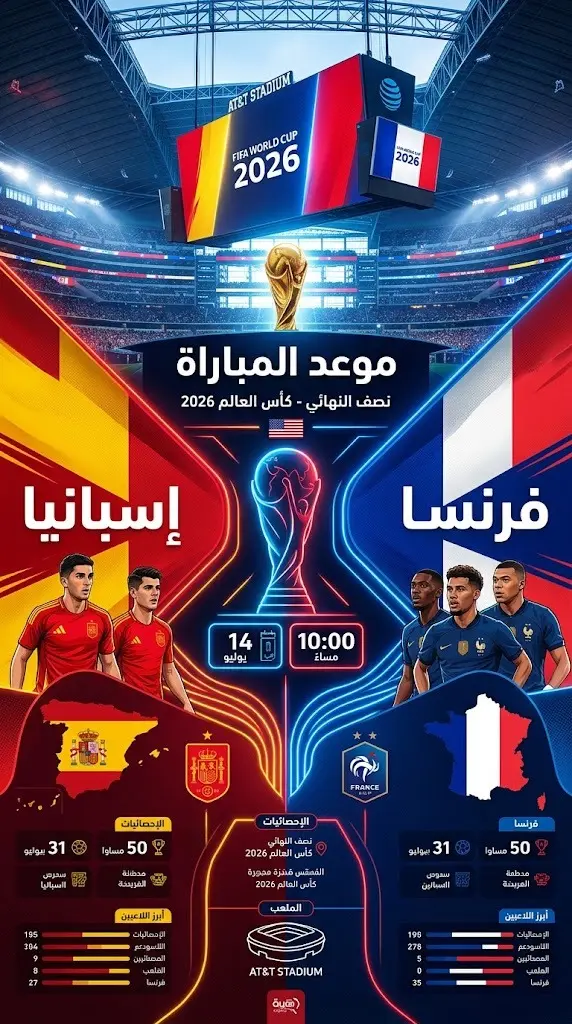 إنفوجرافيك رياضي يوضح موعد وتفاصيل مباراة إسبانيا وفرنسا في نصف نهائي كأس العالم 2026