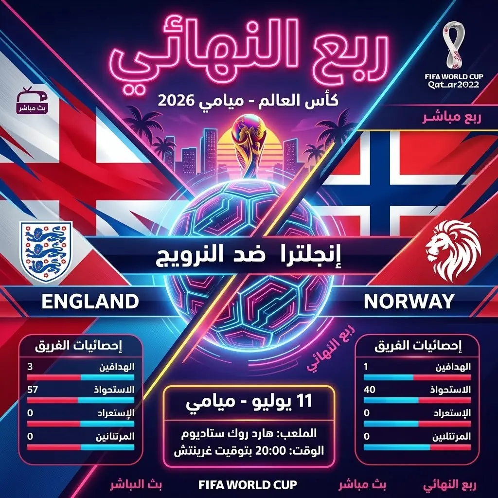 بطاقة معلومات توضح تفاصيل مباراة إنجلترا والنرويج في ربع نهائي كأس العالم 2026