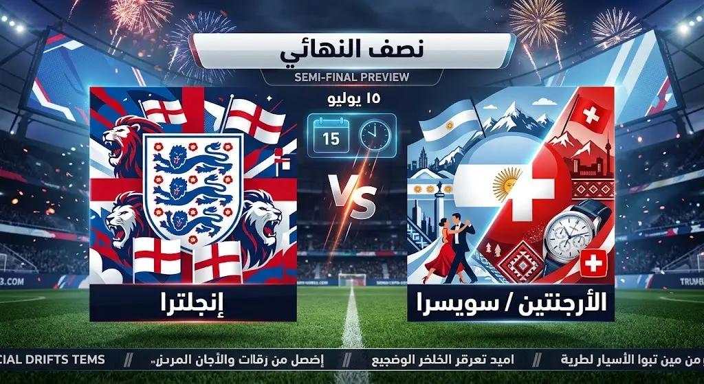 تصميم يبرز موعد مباراة إنجلترا في نصف نهائي كأس العالم ضد الفائز من الأرجنتين وسويسرا