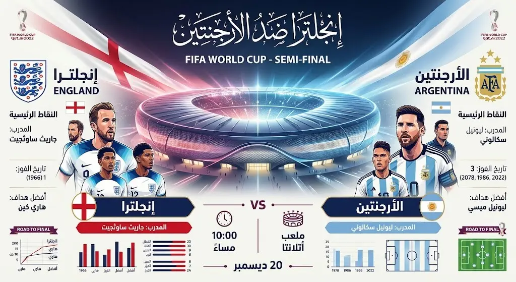 بطاقة تعريفية لمباراة إنجلترا والأرجنتين في نصف نهائي كأس العالم 2026 توضح موعد وملعب اللقاء