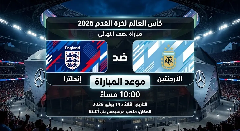 بطاقة معلومات بصرية تبرز موعد مباراة إنجلترا والأرجنتين في نصف نهائي كأس العالم 2026 بملعب أتلانتا وتوقيتات اللقاء.