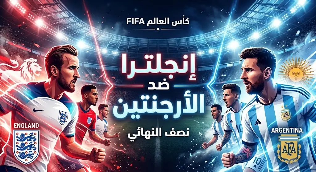 تصميم رياضي احترافي يوضح موعد مباراة إنجلترا والأرجنتين في نصف نهائي كأس العالم 2026
