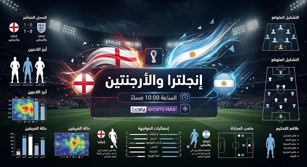 إنفوجرافيك رياضي يوضح موعد مباراة إنجلترا والأرجنتين في نصف نهائي كأس العالم 2026 والقنوات الناقلة