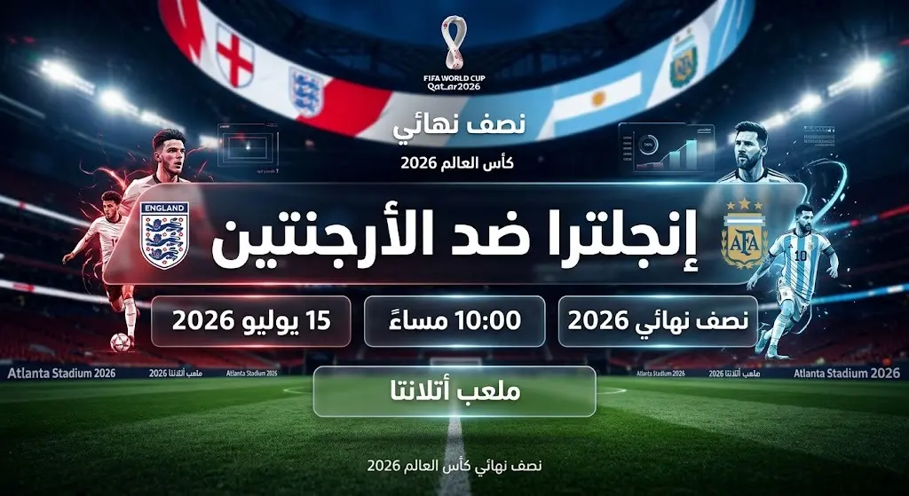 إنفوجرافيك احترافي يعرض تفاصيل وموعد مباراة نصف نهائي كأس العالم 2026 بين إنجلترا والأرجنتين، متضمناً التوقيت والملعب.