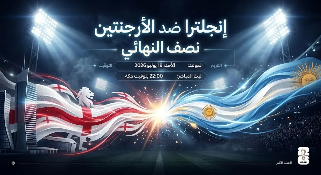 تصميم درامي سينمائي يستعرض موعد وتوقيت بث مباراة نصف نهائي كأس العالم 2026 بين إنجلترا والأرجنتين مع إضاءة ملاعب احترافية