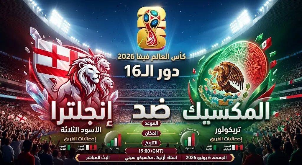 تصميم فني يعرض موعد مباراة إنجلترا والمكسيك في دور الستة عشر من كأس العالم 2026 يوم 6 يوليو