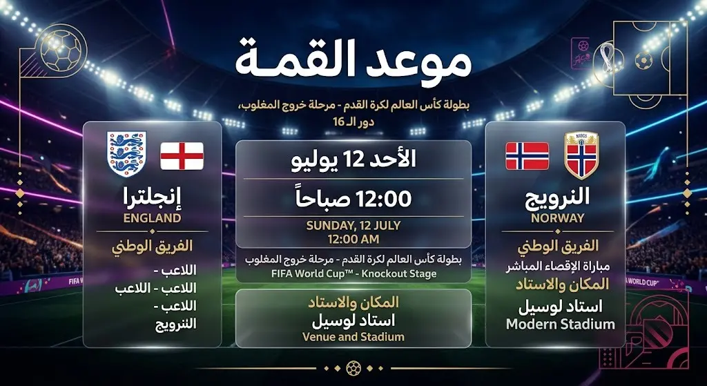 بطاقة معلومات رياضية توضح موعد وتوقيت انطلاق مباراة إنجلترا ضد النرويج في كأس العالم 2026