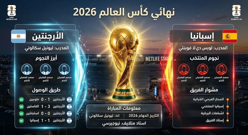تصميم إنفوجرافيك يوضح طرفي نهائي كأس العالم 2026 بين الأرجنتين وإسبانيا مع ظهور كأس البطولة ومؤثرات بصرية جذابة.