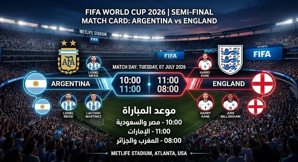 إنفوجرافيك يوضح مواعيد مباراة الأرجنتين وإنجلترا في نصف نهائي كأس العالم 2026 بتوقيت مختلف الدول العربية.