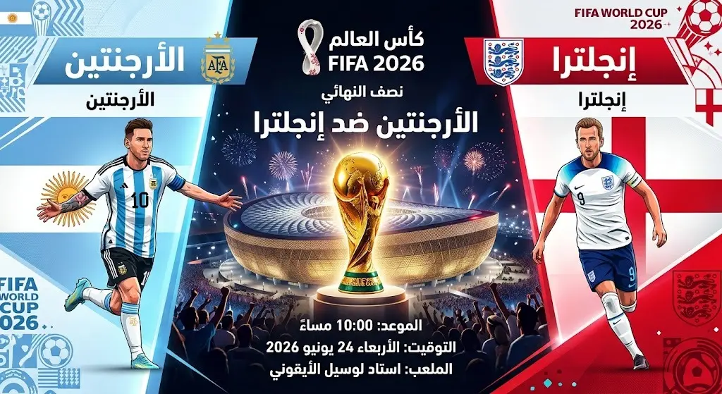 بطاقة معلومات إنفوجرافيك تعرض تفاصيل وموعد مباراة الأرجنتين وإنجلترا في نصف نهائي كأس العالم 2026