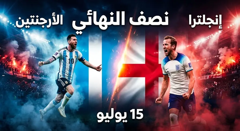 بطاقة ترويجية سينمائية لمباراة نصف نهائي كأس العالم 2026 بين الأرجنتين وإنجلترا، تبرز ألوان المنتخبين وموعد اللقاء في 15 يوليو.