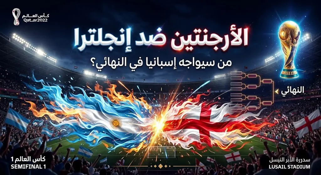 تصميم ترويجي يبرز المواجهة المرتقبة بين الأرجنتين وإنجلترا في نصف نهائي المونديال لتحديد المتأهل الثاني للنهائي