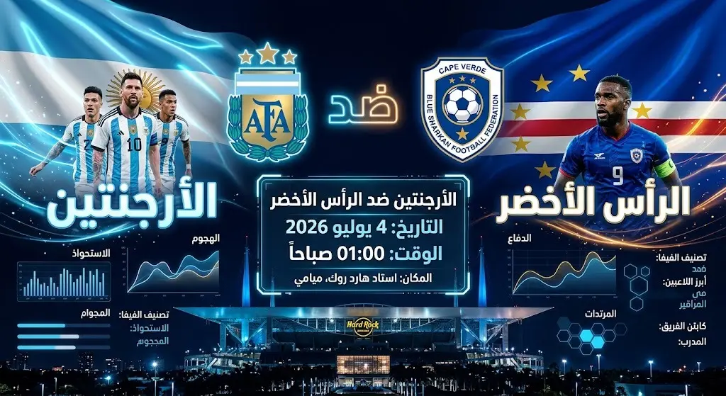 إنفوجرافيك يستعرض موعد وتفاصيل مباراة الأرجنتين والرأس الأخضر في دور الـ 32 من كأس العالم 2026