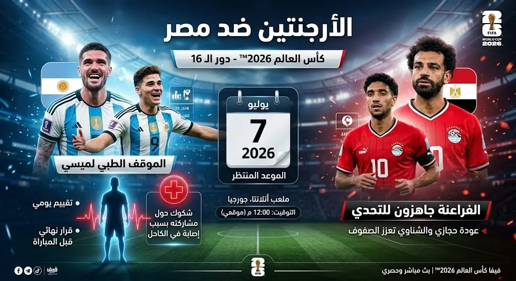 تصميم ترويجي يجمع بين هويتي الأرجنتين ومصر للإعلان عن مباراة دور الستة عشر، مع إشارة للحالة الطبية لميسي وتاريخ المباراة في 7 يوليو.