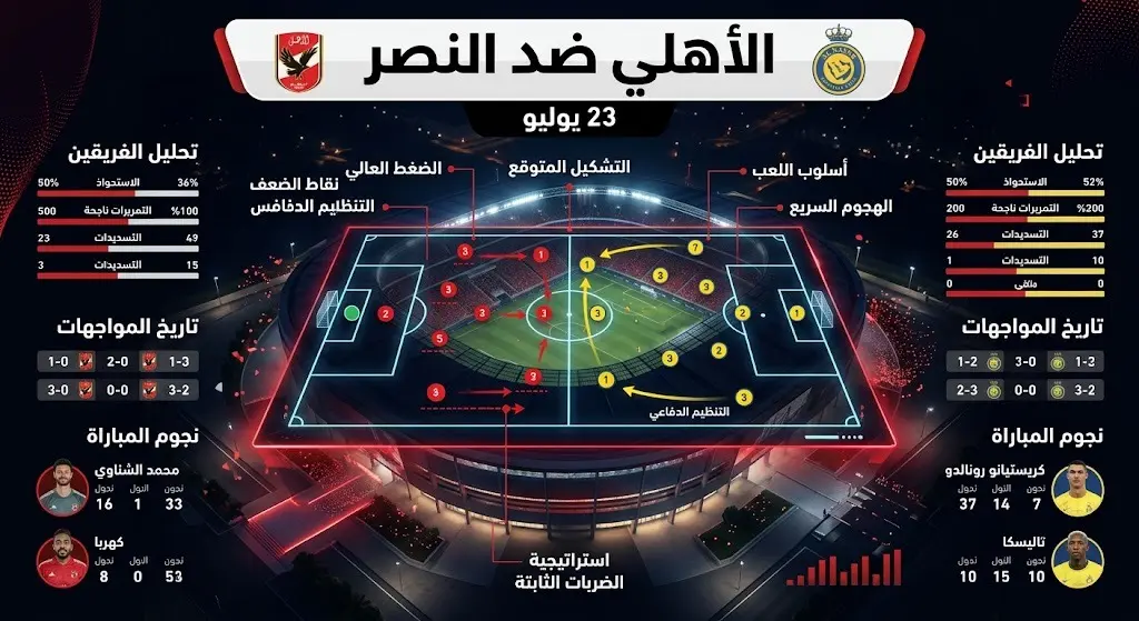 تصميم بصري يوضح تفاصيل وموعد مباراة الأهلي والنصر الودية ضمن المعسكر التحضيري