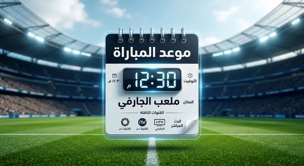 بطاقة معلومات رياضية بتصميم عصري تعرض موعد انطلاق مباراة الأهلي وفيتوريا جيماريش في تمام الساعة 12:30 ظهراً وتفاصيل البث التلفزيوني.