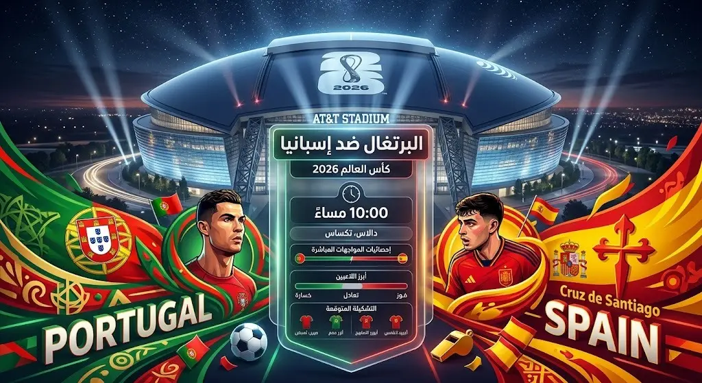 بطاقة بصرية بتصميم حديث تعرض موعد مباراة البرتغال وإسبانيا في دور الـ 16 من كأس العالم 2026 على ملعب دالاس.