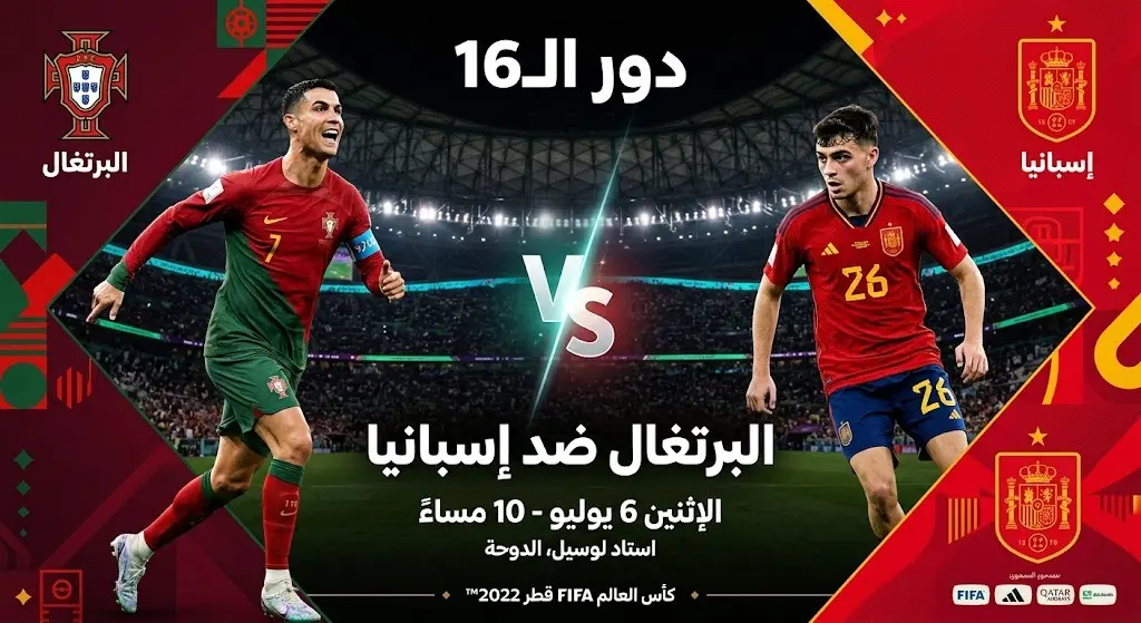 بطاقة معلوماتية تعرض موعد وتفاصيل مباراة البرتغال وإسبانيا في دور الـ16 من بطولة كأس العالم