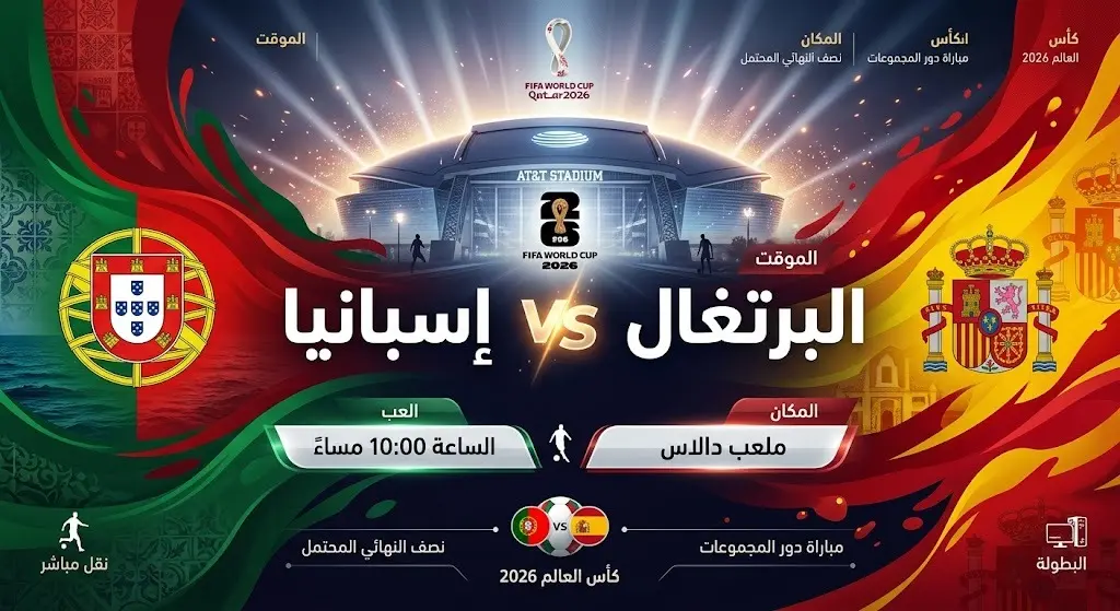 بطاقة معلومات تعرض موعد وتفاصيل مباراة القمة بين البرتغال وإسبانيا في كأس العالم 2026