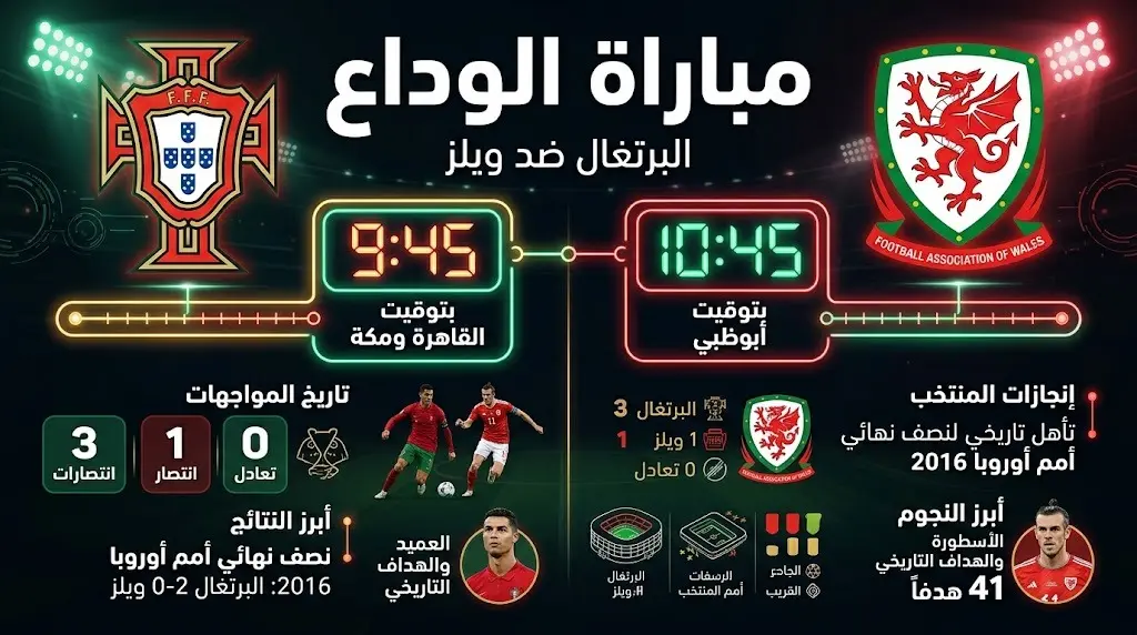 إنفوجرافيك احترافي يعرض مواعيد انطلاق مباراة البرتغال وويلز في العواصم العربية