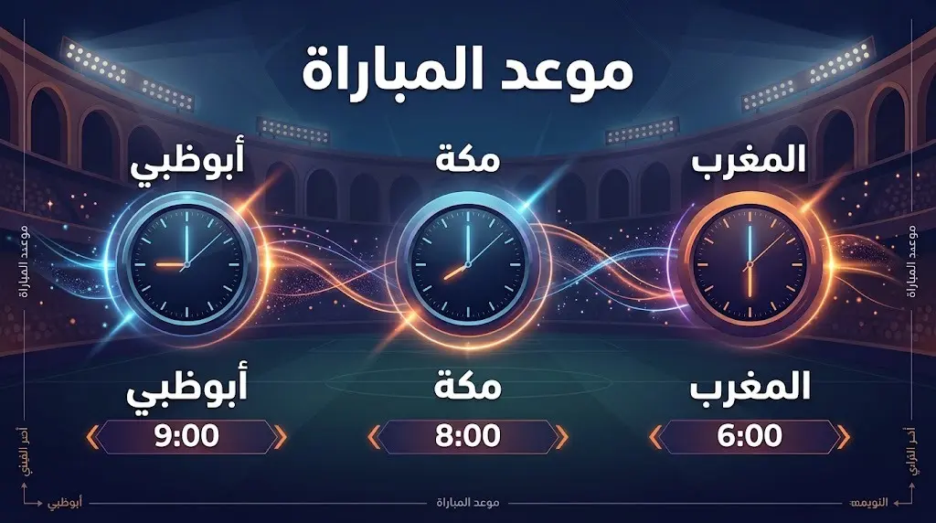 إنفوجرافيك يوضح مواعيد انطلاق مباراة العين وأمل الدروة الودية بتوقيت أبوظبي، مكة المكرمة والقاهرة، والمغرب.