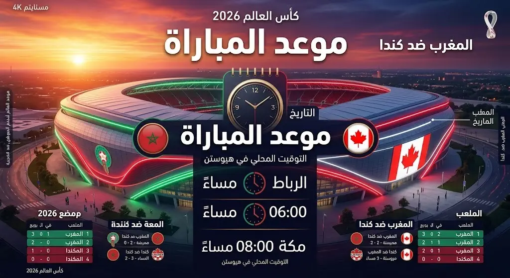 تصميم إنفوجرافيك يوضح موعد انطلاق مباراة المغرب وكندا في دور الـ 16 من كأس العالم بتوقيت الرباط ومكة المكرمة والقاهرة.