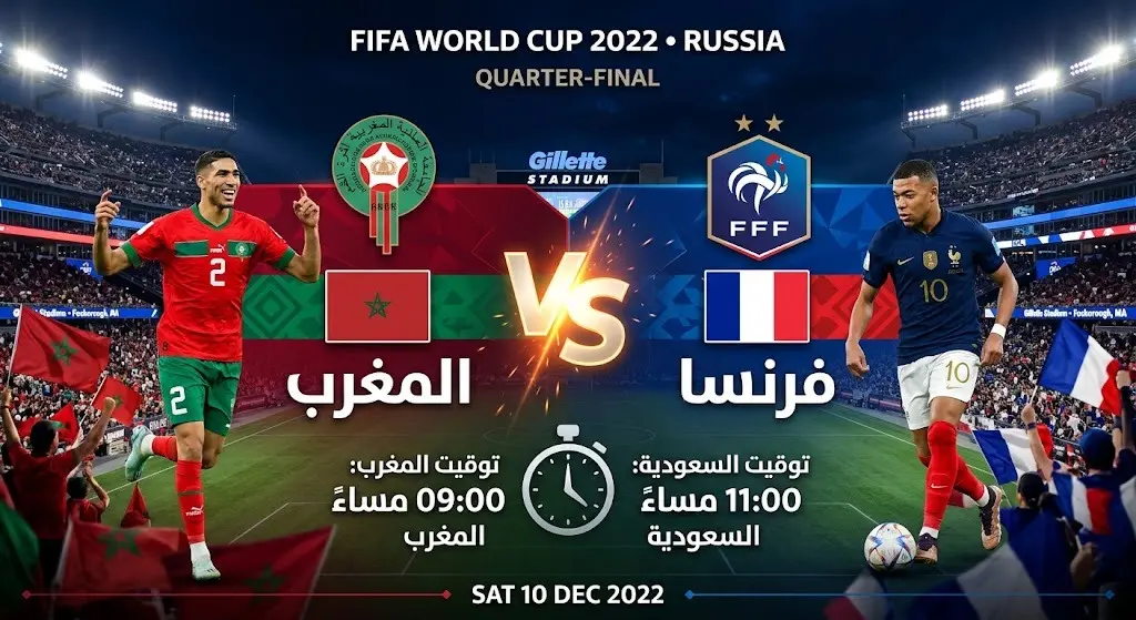 إنفوجرافيك رياضي يوضح موعد انطلاق مباراة المغرب وفرنسا في ربع نهائي كأس العالم 2026 بتوقيت مكة المكرمة والرباط.