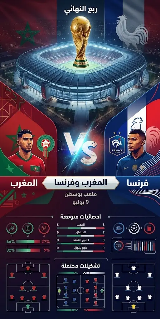 بطاقة معلوماتية بتصميم عصري توضح موعد وتوقيت وملعب مباراة المغرب وفرنسا في ربع نهائي كأس العالم 2026.