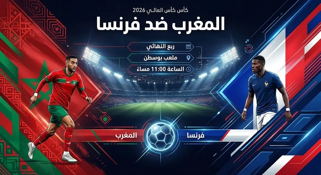 إنفوجرافيك رياضي احترافي يستعرض تفاصيل موعد مباراة المغرب وفرنسا في ربع نهائي كأس العالم 2026، موضحاً اسم الملعب وتوقيت اللقاء.