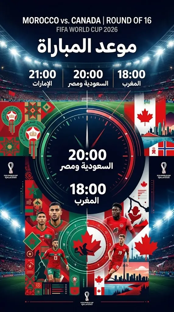 إنفوجرافيك رياضي احترافي يعرض موعد انطلاق مباراة المغرب وكندا في دور الـ 16 من كأس العالم 2026 بتوقيتات الدول العربية المختلفة على خلفية ملعب مضاء.