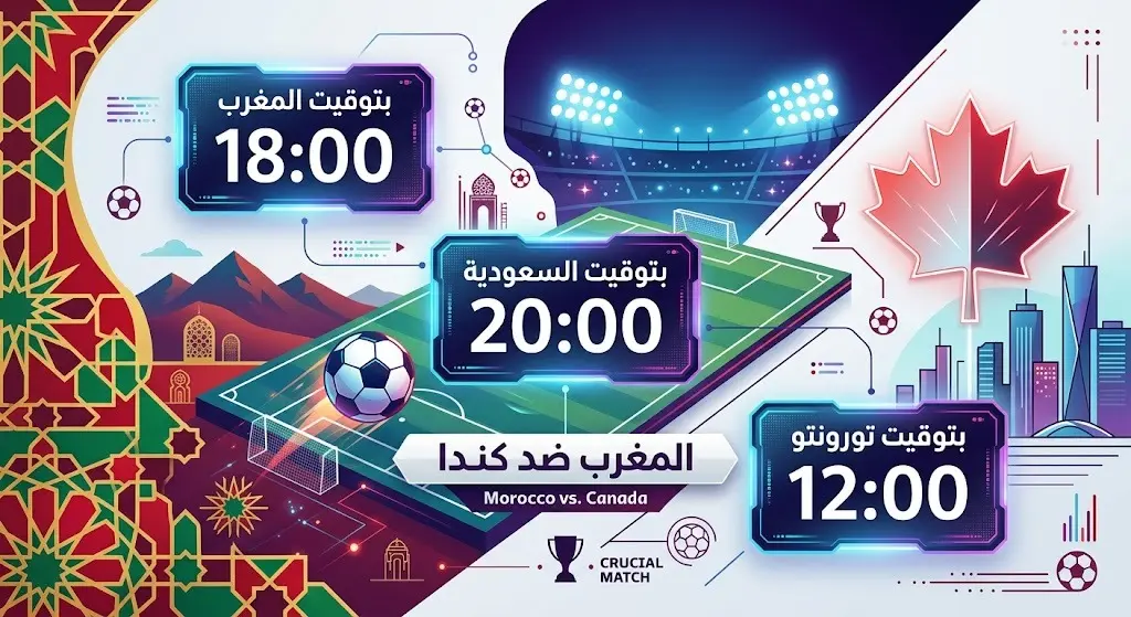 تصميم بصري يعرض مواعيد مباراة المغرب وكندا في دور الـ 16 باختلاف المناطق الزمنية العربية.