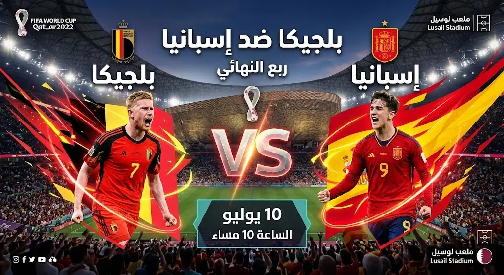 بطاقة معلومات بتصميم عصري تستعرض موعد وتفاصيل مباراة ربع النهائي بين بلجيكا وإسبانيا.