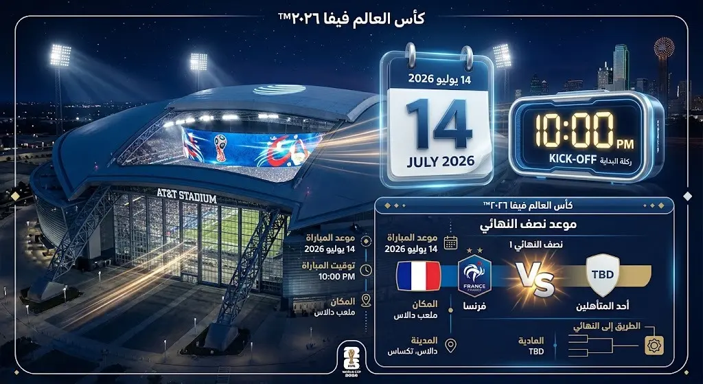 بطاقة معلومات فنية توضح موعد وملعب مباراة فرنسا في نصف نهائي المونديال يوم 14 يوليو 2026 بملعب دالاس