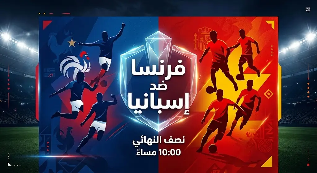 تصميم إنفوجرافيك يستعرض موعد وتفاصيل مباراة فرنسا وإسبانيا في نصف نهائي كأس العالم بتوقيت مكة المكرمة والقاهرة.
