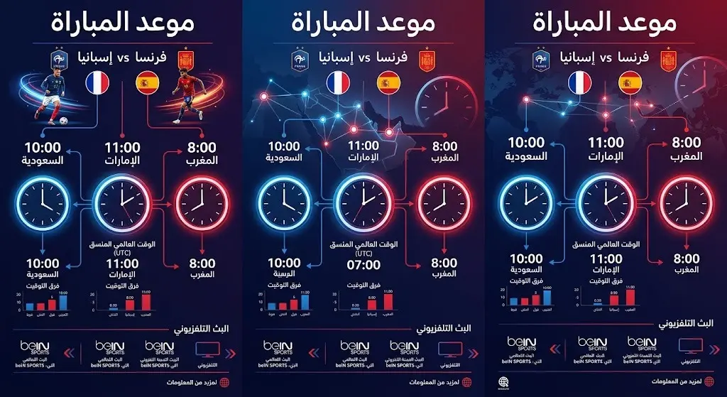 إنفوجرافيك يستعرض مواعيد انطلاق مباراة فرنسا وإسبانيا بتوقيت الدول العربية