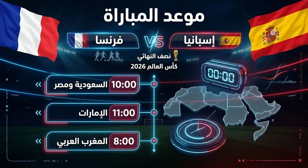 إنفوجرافيك يوضح مواعيد مباراة فرنسا وإسبانيا في نصف نهائي كأس العالم 2026 بمختلف توقيتات الدول العربية