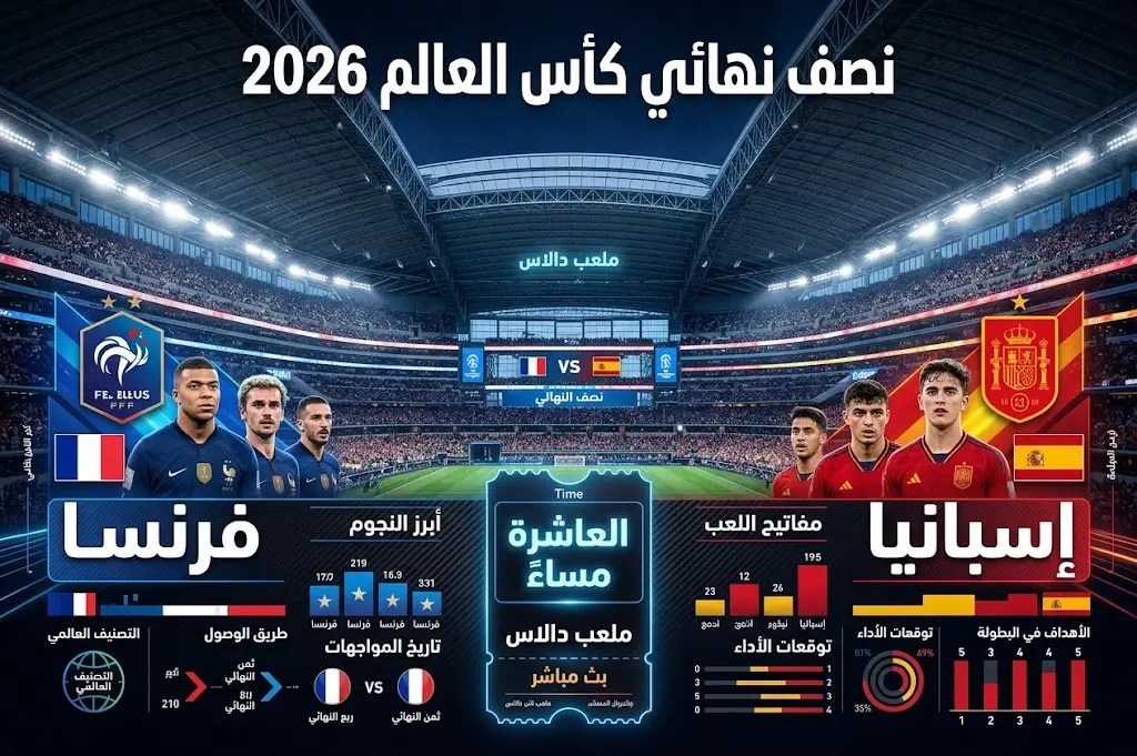 بطاقة معلومات إنفوجرافيك تستعرض موعد وتفاصيل مباراة فرنسا وإسبانيا في نصف نهائي كأس العالم 2026 بملعب دالاس.