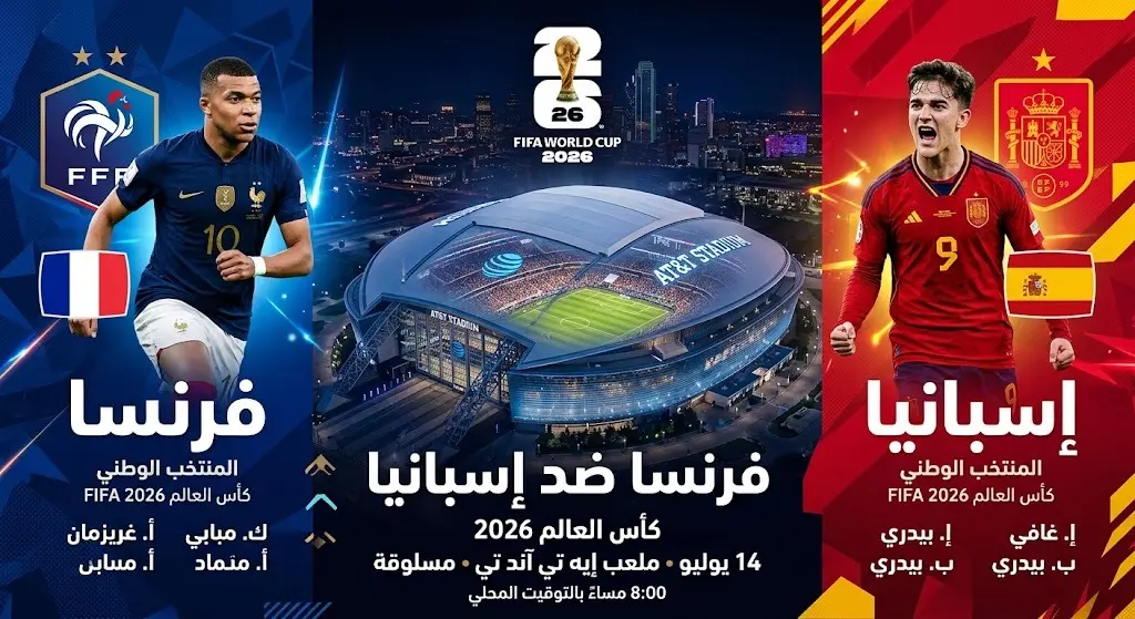 بطاقة معلومات رياضية توضح تفاصيل مباراة فرنسا وإسبانيا في نصف نهائي كأس العالم 2026، متضمنة موعد اللقاء وملعب إيه تي آند تي.