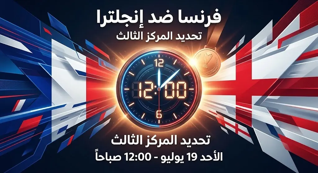 بطاقة معلومات توضح موعد مباراة فرنسا وإنجلترا لتحديد المركز الثالث في كأس العالم 2026، يوم 19 يوليو الساعة 12:00 صباحاً