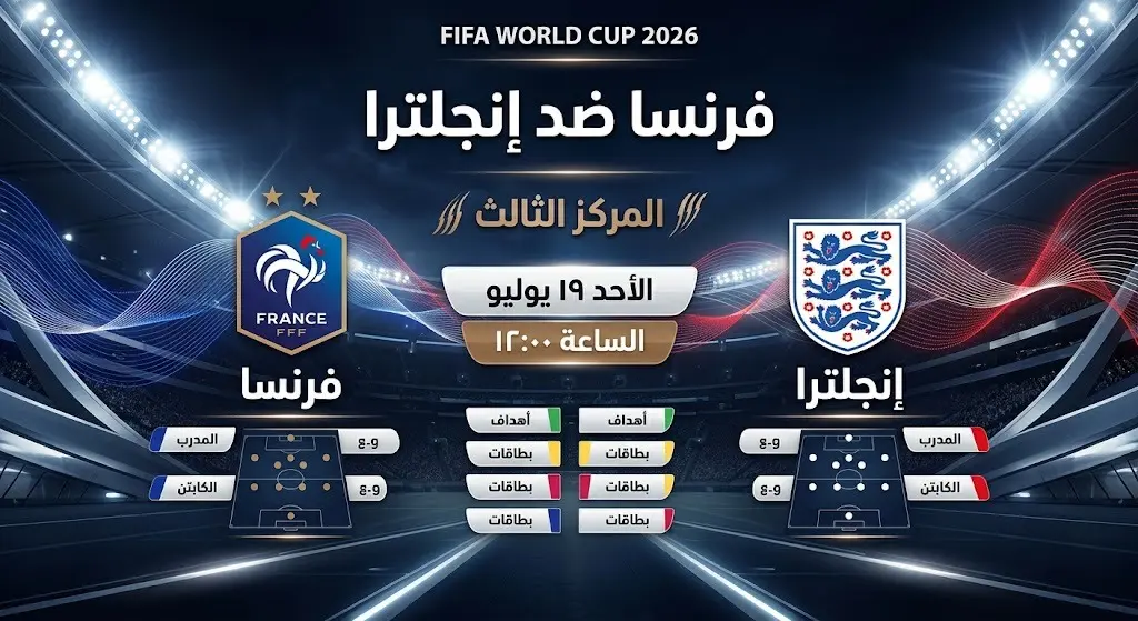 إنفوجرافيك رياضي يوضح تفاصيل وموعد مباراة فرنسا وإنجلترا لتحديد المركز الثالث في كأس العالم 2026