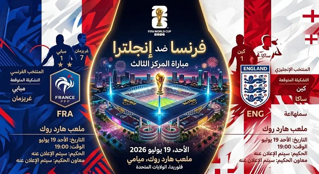بطاقة معلومات مرئية توضح تفاصيل موعد وملعب مباراة فرنسا وإنجلترا لتحديد المركز الثالث