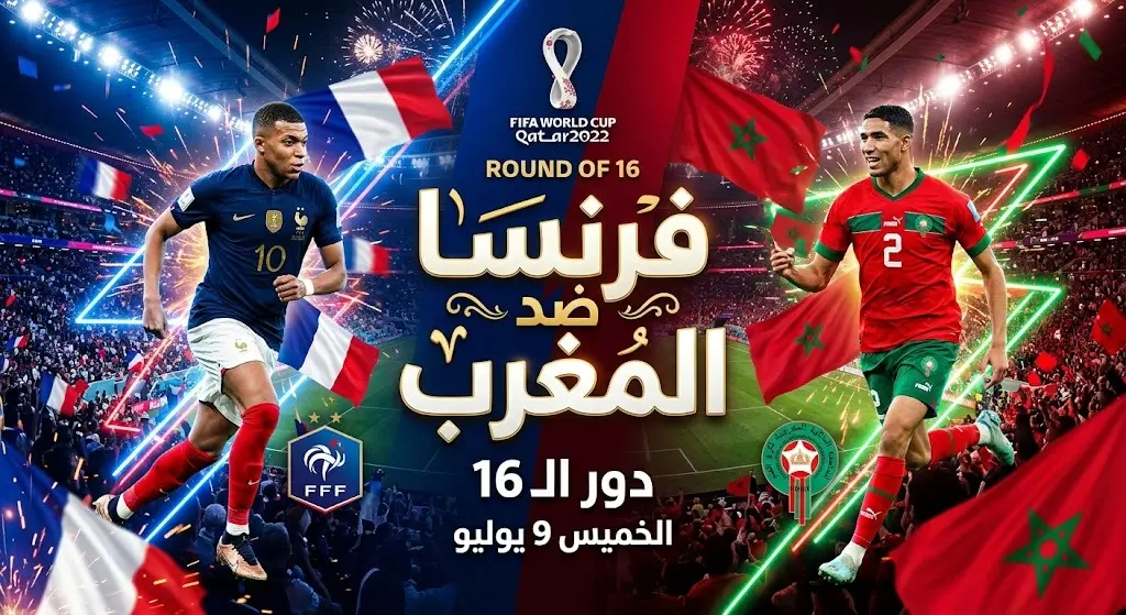 تصميم ترويجي لمباراة فرنسا والمغرب في ثمن نهائي كأس العالم