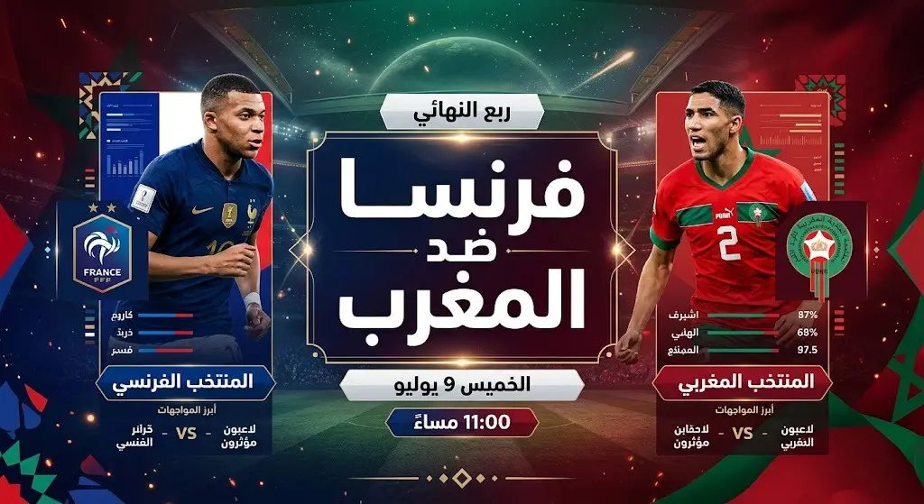 بطاقة معلومات بصرية تعرض موعد وتفاصيل مباراة ربع النهائي بين فرنسا والمغرب في كأس العالم 2026