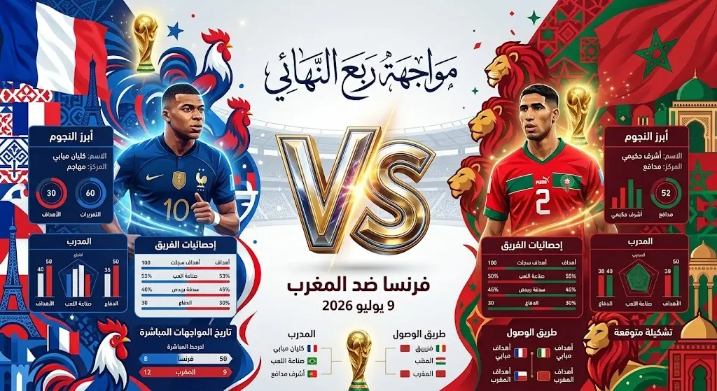 إنفوجرافيك يوضح تفاصيل وموعد المواجهة المرتقبة بين منتخبي فرنسا والمغرب في الدور ربع النهائي من البطولة.