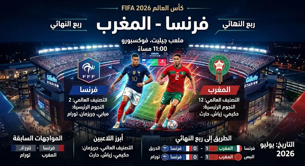 إنفوجرافيك رياضي يعرض تفاصيل موعد مباراة فرنسا والمغرب في ربع نهائي كأس العالم 2026 بتصميم عصري.